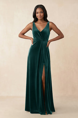 V - Neck Ruched A - Line Velvet Bridesmaid Dress in Pine - KissProm Bridesmaid Dresses