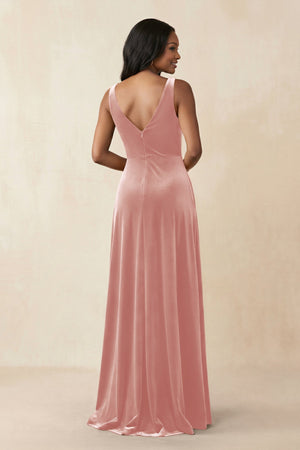 V - Neck Ruched A - Line Velvet Bridesmaid Dress in Rose Petal - KissProm Bridesmaid Dresses