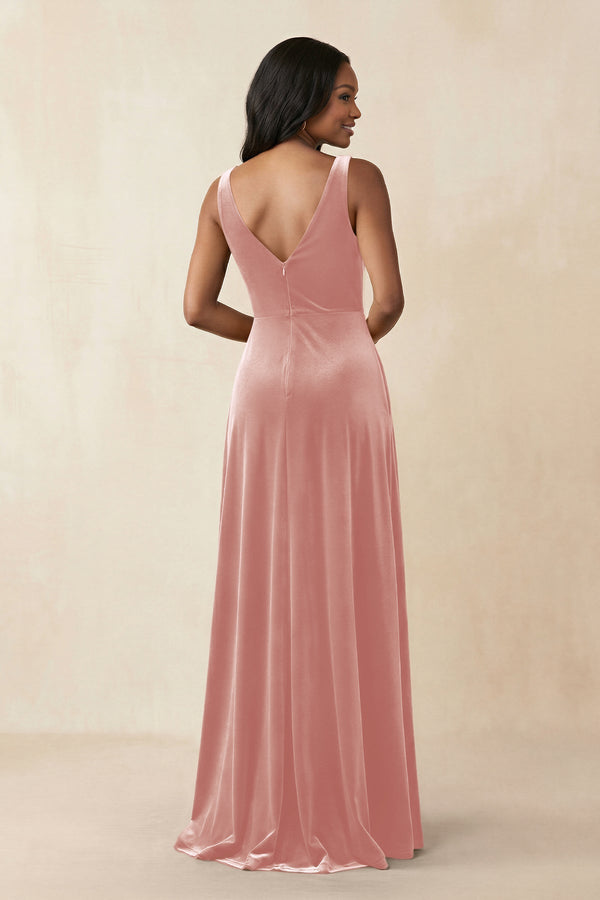 V - Neck Ruched A - Line Velvet Bridesmaid Dress in Rose Petal - KissProm Bridesmaid Dresses