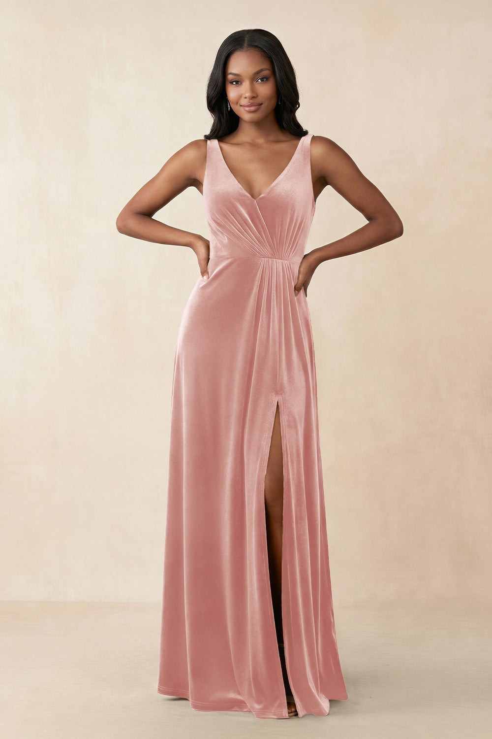 V - Neck Ruched A - Line Velvet Bridesmaid Dress in Rose Petal - KissProm Bridesmaid Dresses