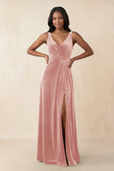 V - Neck Ruched A - Line Velvet Bridesmaid Dress in Rose Petal - KissProm Bridesmaid Dresses