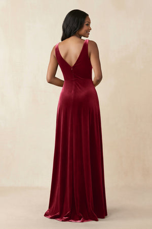 V - Neck Ruched A - Line Velvet Bridesmaid Dress in Rosewood - KissProm Bridesmaid Dresses