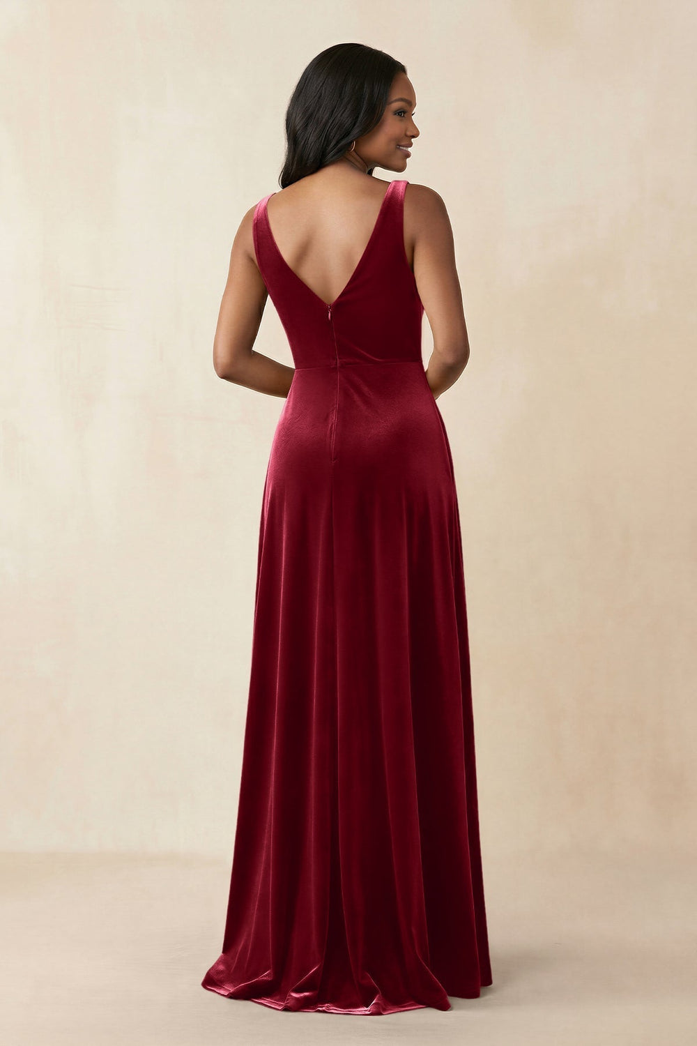 V - Neck Ruched A - Line Velvet Bridesmaid Dress in Rosewood - KissProm Bridesmaid Dresses