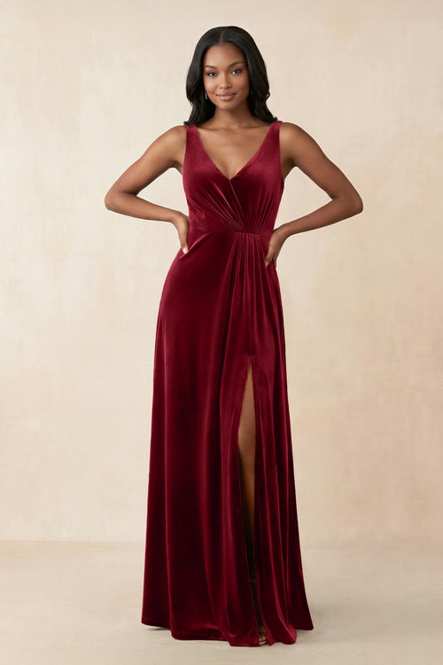 V - Neck Ruched A - Line Velvet Bridesmaid Dress in Rosewood - KissProm Bridesmaid Dresses