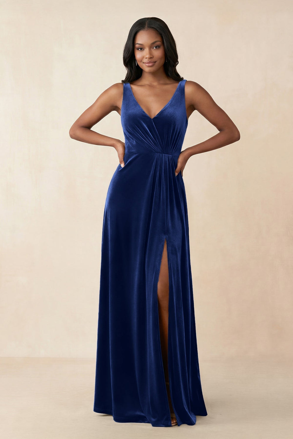 V - Neck Ruched A - Line Velvet Bridesmaid Dress in Royal Blue - KissProm Bridesmaid Dresses