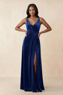 V - Neck Ruched A - Line Velvet Bridesmaid Dress in Royal Blue - KissProm Bridesmaid Dresses