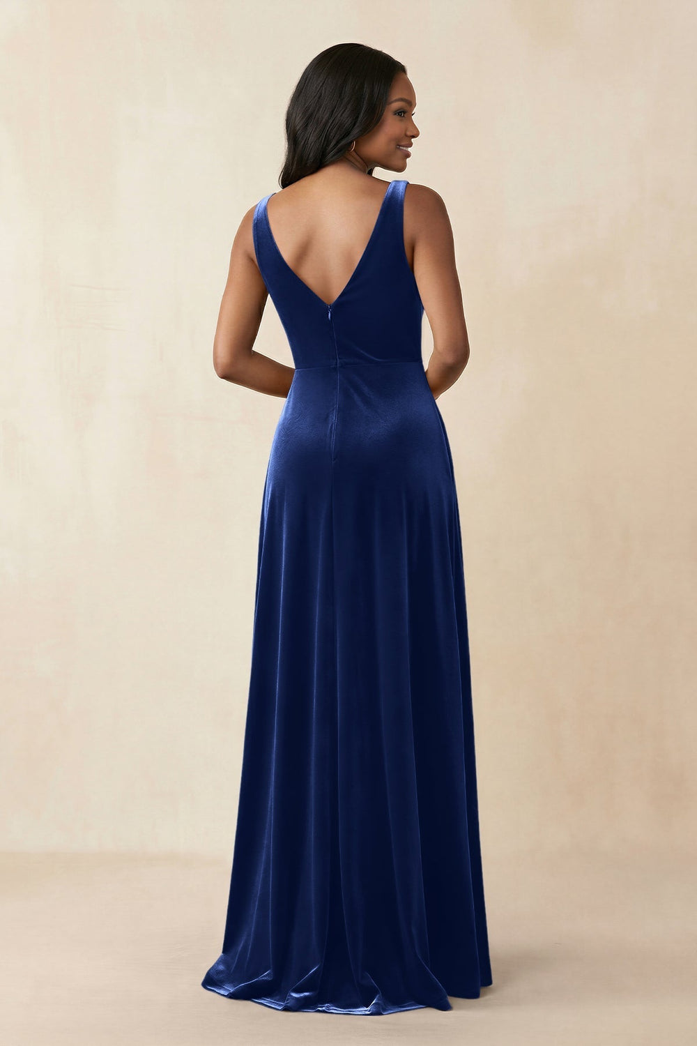 V - Neck Ruched A - Line Velvet Bridesmaid Dress in Royal Blue - KissProm Bridesmaid Dresses