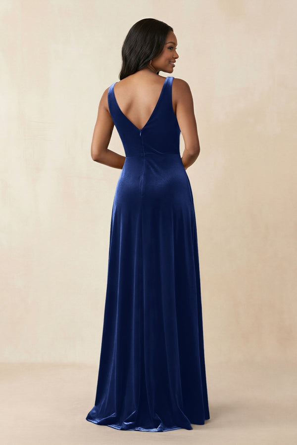 V - Neck Ruched A - Line Velvet Bridesmaid Dress in Royal Blue - KissProm Bridesmaid Dresses