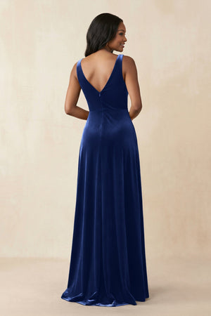 V - Neck Ruched A - Line Velvet Bridesmaid Dress in Royal Blue - KissProm Bridesmaid Dresses