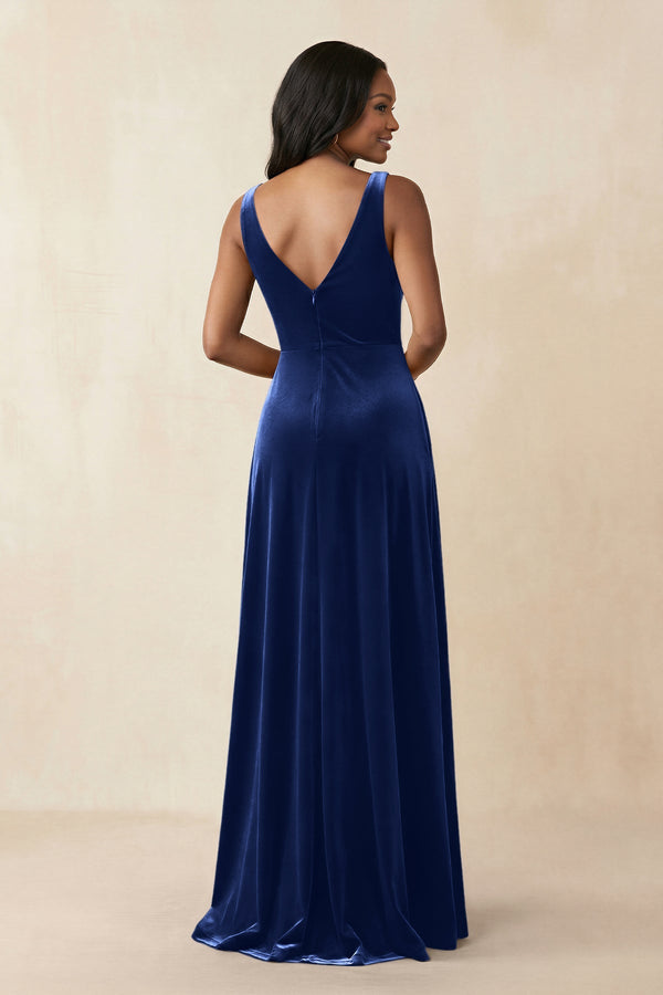 V - Neck Ruched A - Line Velvet Bridesmaid Dress in Royal Blue - KissProm Bridesmaid Dresses