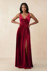 V - Neck Ruched A - Line Velvet Bridesmaid Dress in Ruby Red - KissProm Bridesmaid Dresses