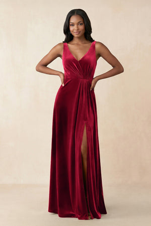 V - Neck Ruched A - Line Velvet Bridesmaid Dress in Ruby Red - KissProm Bridesmaid Dresses