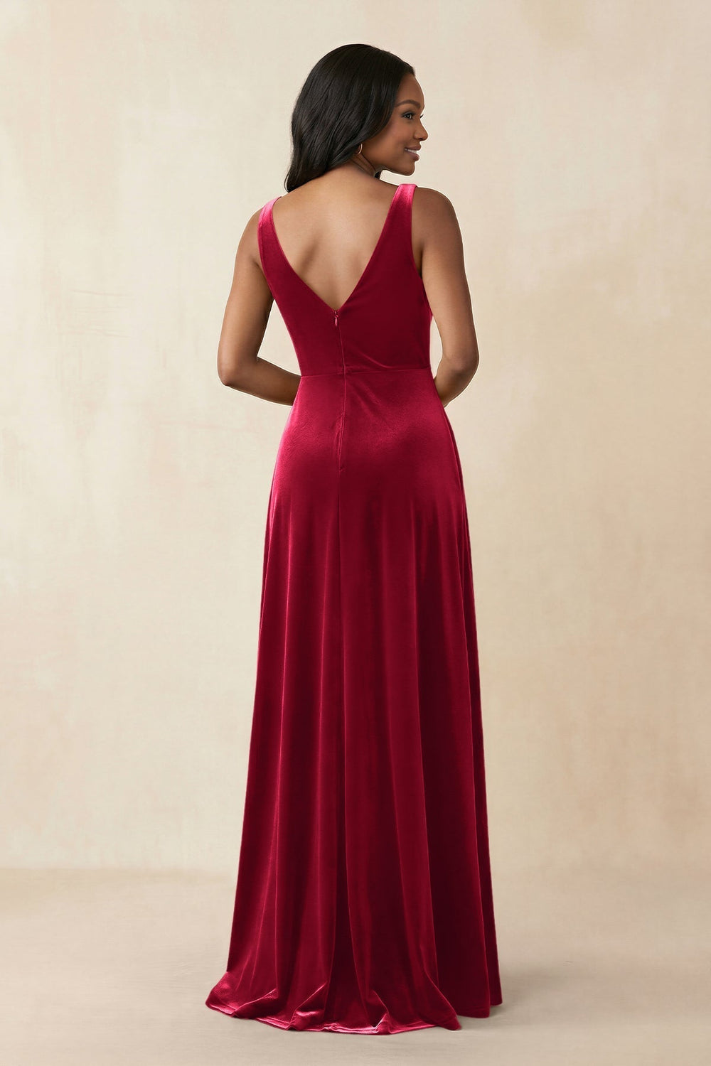 V - Neck Ruched A - Line Velvet Bridesmaid Dress in Ruby Red - KissProm Bridesmaid Dresses
