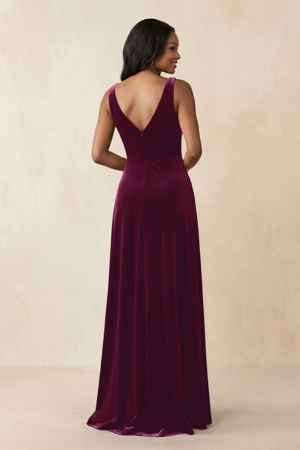 V - Neck Ruched A - Line Velvet Bridesmaid Dress in Sangria - KissProm Bridesmaid Dresses