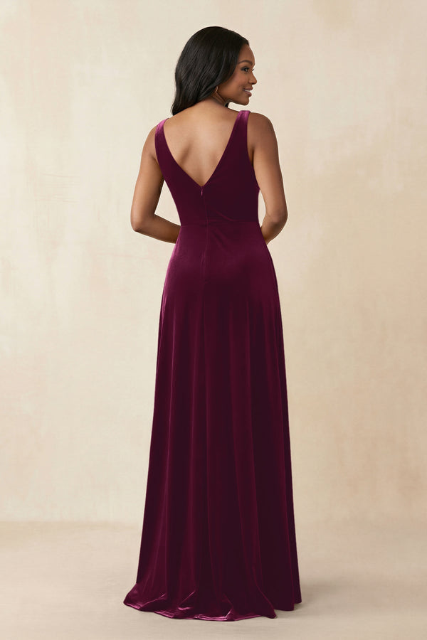 V - Neck Ruched A - Line Velvet Bridesmaid Dress in Sangria - KissProm Bridesmaid Dresses