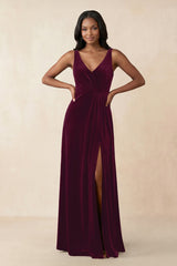 V - Neck Ruched A - Line Velvet Bridesmaid Dress in Sangria - KissProm Bridesmaid Dresses