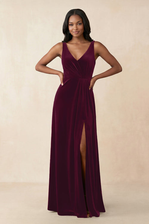 V - Neck Ruched A - Line Velvet Bridesmaid Dress in Sangria - KissProm Bridesmaid Dresses