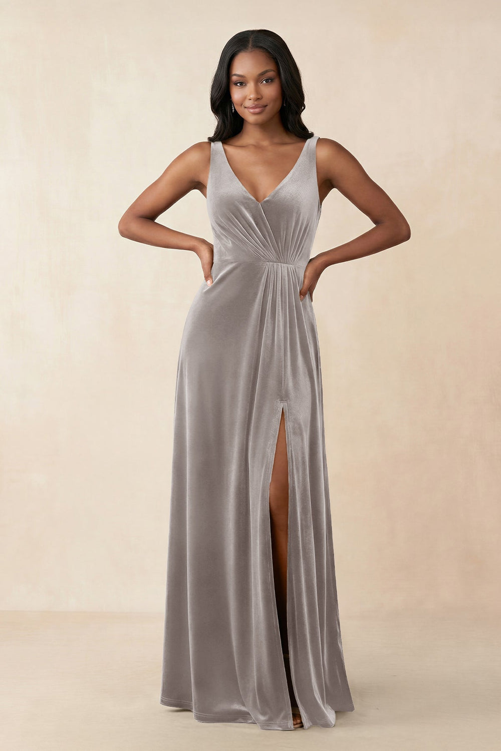 V - Neck Ruched A - Line Velvet Bridesmaid Dress in Silver - KissProm Bridesmaid Dresses
