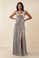 V - Neck Ruched A - Line Velvet Bridesmaid Dress in Silver - KissProm Bridesmaid Dresses
