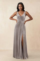 V - Neck Ruched A - Line Velvet Bridesmaid Dress in Silver - KissProm Bridesmaid Dresses