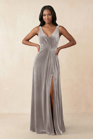 V - Neck Ruched A - Line Velvet Bridesmaid Dress in Silver - KissProm Bridesmaid Dresses