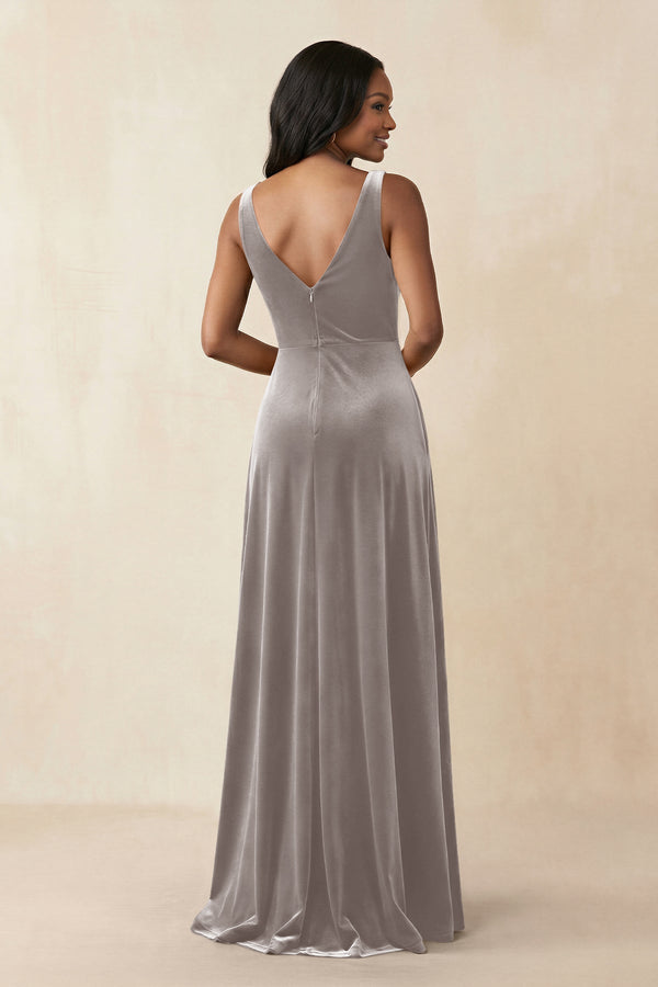 V - Neck Ruched A - Line Velvet Bridesmaid Dress in Silver - KissProm Bridesmaid Dresses