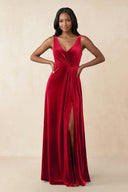 V - Neck Ruched A - Line Velvet Bridesmaid Dress in Spice - KissProm Bridesmaid Dresses