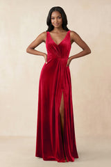 V - Neck Ruched A - Line Velvet Bridesmaid Dress in Spice - KissProm Bridesmaid Dresses