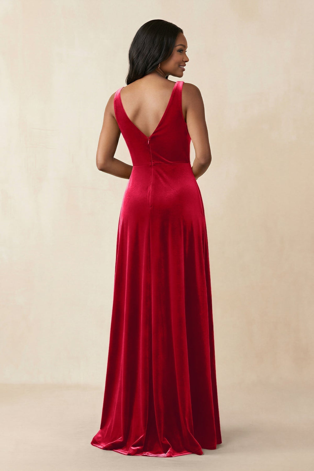 V - Neck Ruched A - Line Velvet Bridesmaid Dress in Spice - KissProm Bridesmaid Dresses