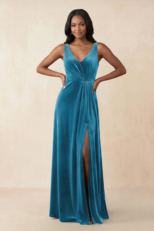 V - Neck Ruched A - Line Velvet Bridesmaid Dress in Steel Blue - KissProm Bridesmaid Dresses