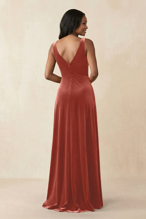 V - Neck Ruched A - Line Velvet Bridesmaid Dress in Terracotta - KissProm Bridesmaid Dresses