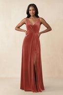 V - Neck Ruched A - Line Velvet Bridesmaid Dress in Terracotta - KissProm Bridesmaid Dresses