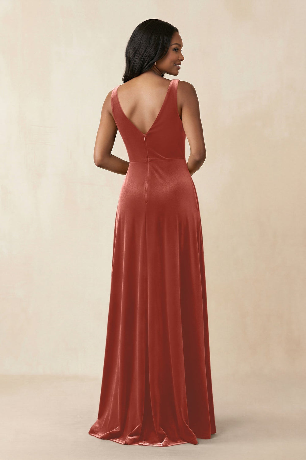 V - Neck Ruched A - Line Velvet Bridesmaid Dress in Terracotta - KissProm Bridesmaid Dresses