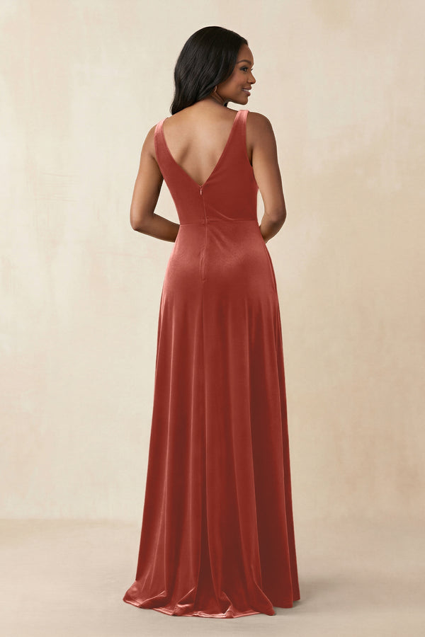 V - Neck Ruched A - Line Velvet Bridesmaid Dress in Terracotta - KissProm Bridesmaid Dresses
