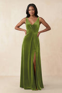 V - Neck Ruched A - Line Velvet Bridesmaid Dress in Thyme - KissProm Bridesmaid Dresses
