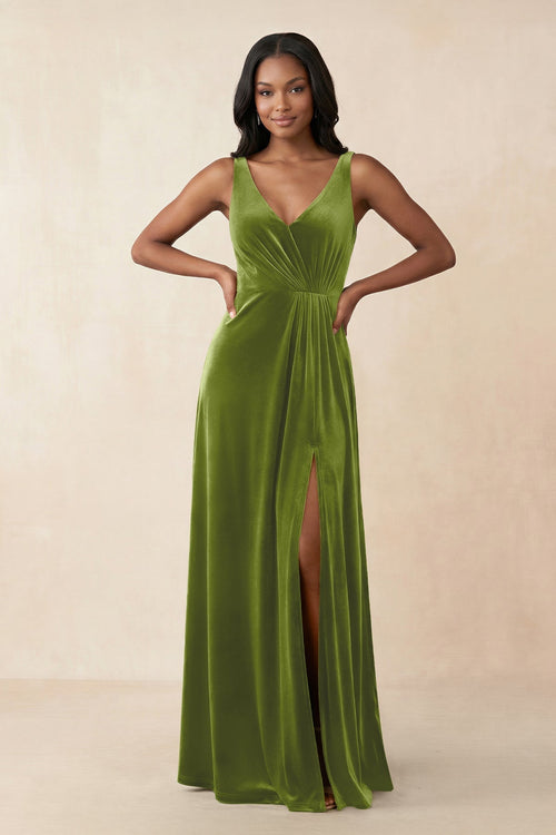 V - Neck Ruched A - Line Velvet Bridesmaid Dress in Thyme - KissProm Bridesmaid Dresses