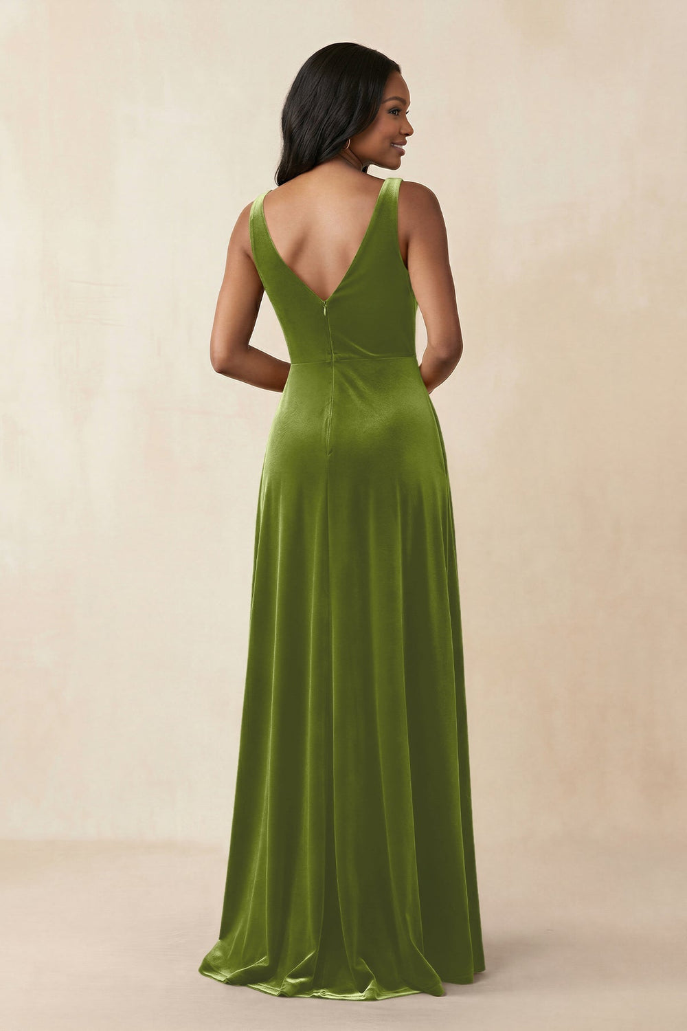 V - Neck Ruched A - Line Velvet Bridesmaid Dress in Thyme - KissProm Bridesmaid Dresses