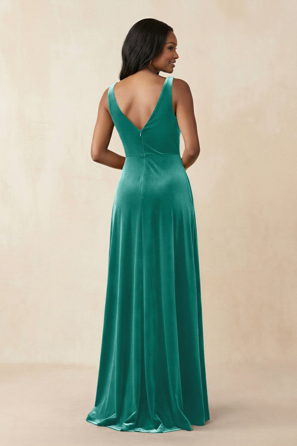 V - Neck Ruched A - Line Velvet Bridesmaid Dress in Turquoise - KissProm Bridesmaid Dresses