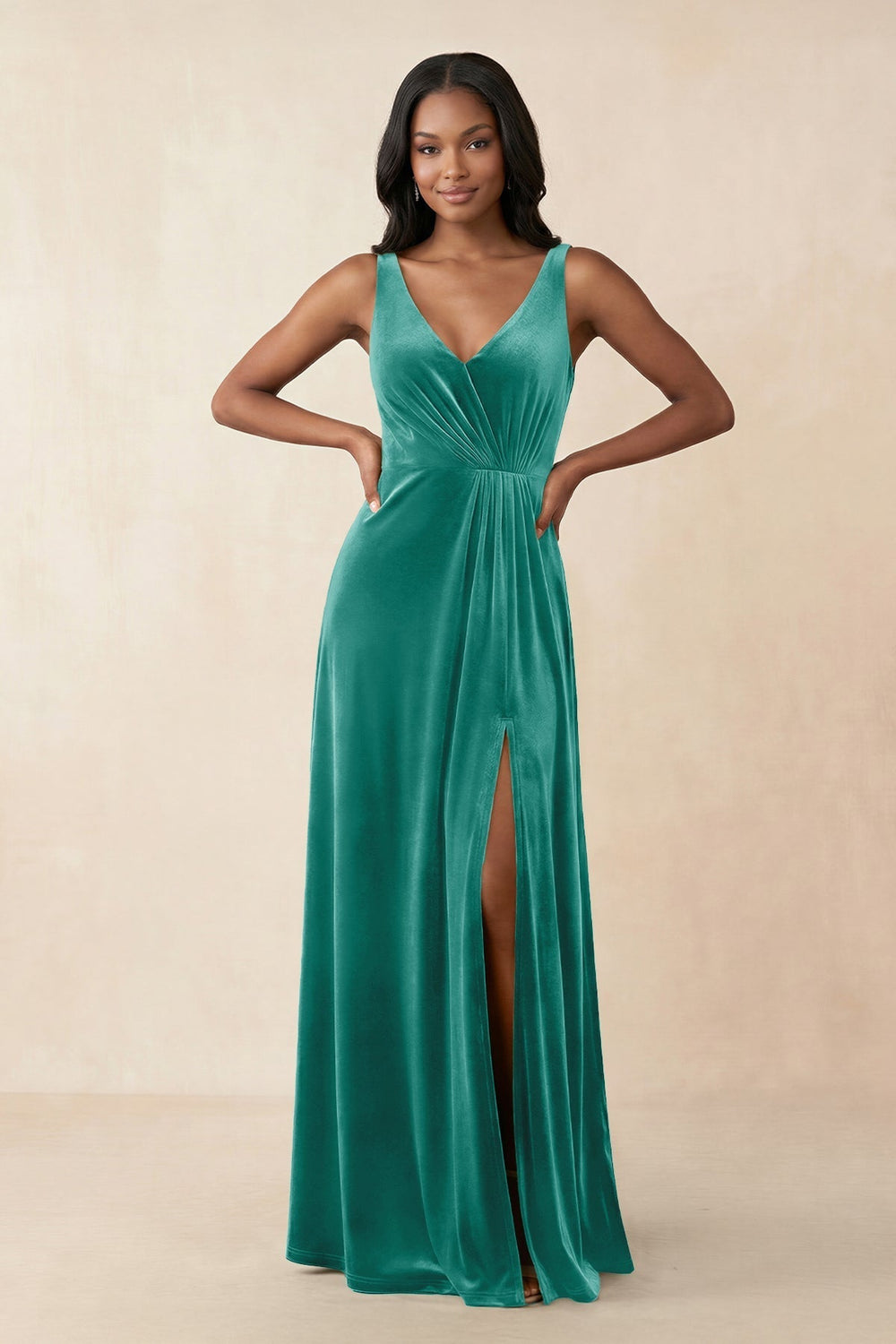 V - Neck Ruched A - Line Velvet Bridesmaid Dress in Turquoise - KissProm Bridesmaid Dresses