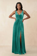 V - Neck Ruched A - Line Velvet Bridesmaid Dress in Turquoise - KissProm Bridesmaid Dresses