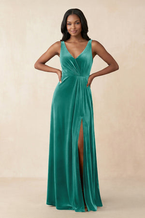 V - Neck Ruched A - Line Velvet Bridesmaid Dress in Turquoise - KissProm Bridesmaid Dresses