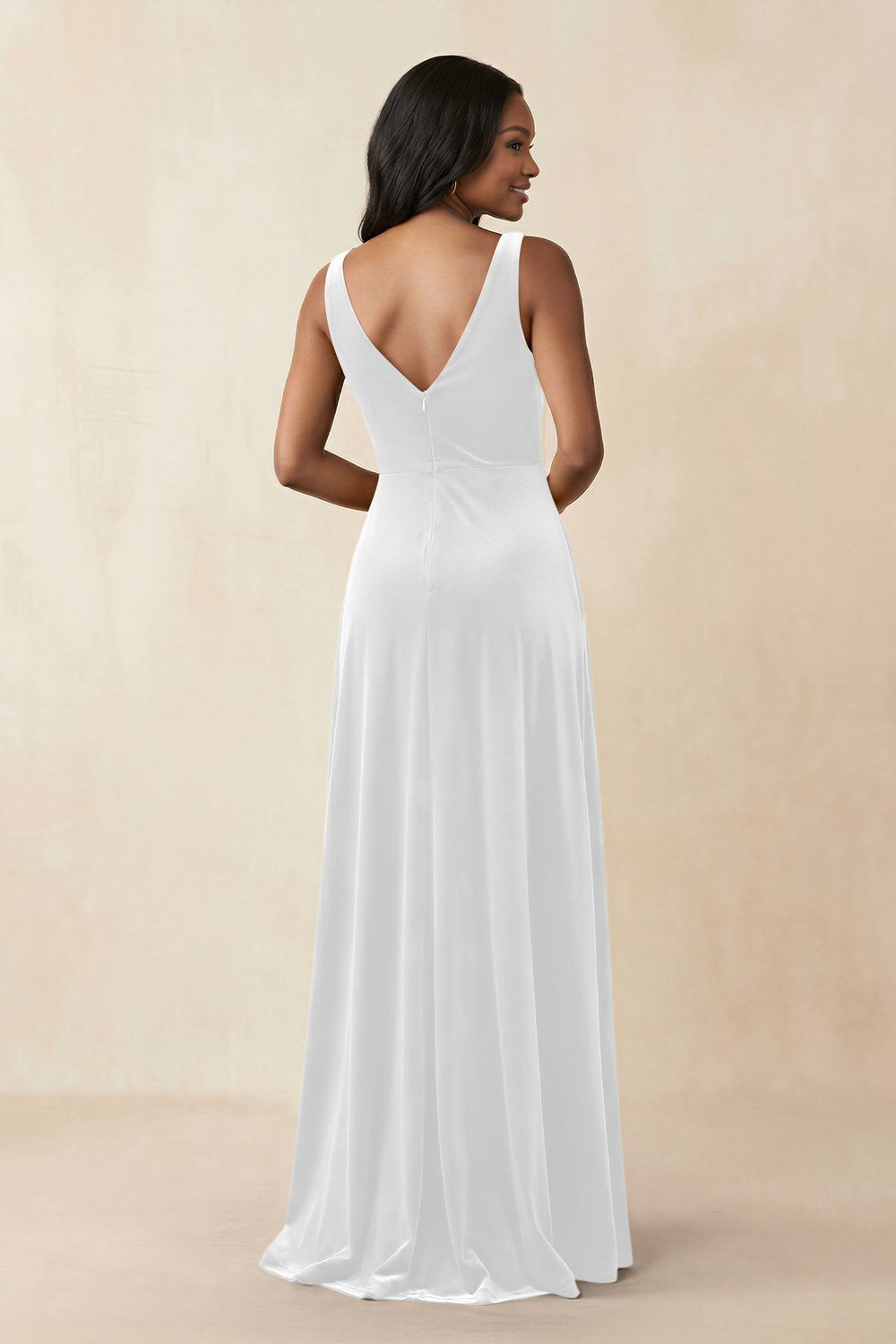V - Neck Ruched A - Line Velvet Bridesmaid Dress in White - KissProm Bridesmaid Dresses