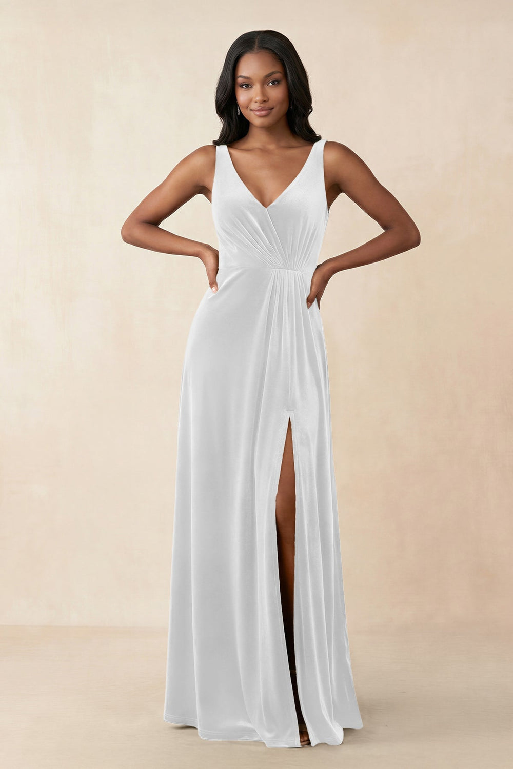 V - Neck Ruched A - Line Velvet Bridesmaid Dress in White - KissProm Bridesmaid Dresses