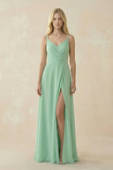 V-Neck Ruched Chiffon Bridesmaid Dress with Slit in Pale Pistachio - KissProm BRIDESMAID DRESSES
