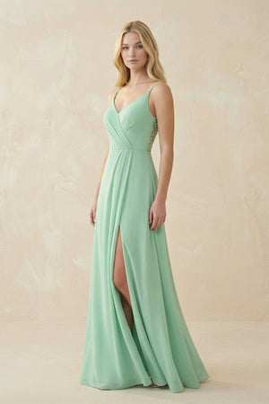 V-Neck Ruched Chiffon Bridesmaid Dress with Slit in Pale Pistachio - KissProm BRIDESMAID DRESSES