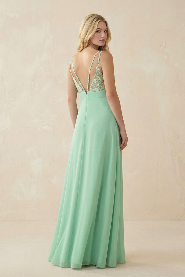 V-Neck Ruched Chiffon Bridesmaid Dress with Slit in Pale Pistachio - KissProm BRIDESMAID DRESSES