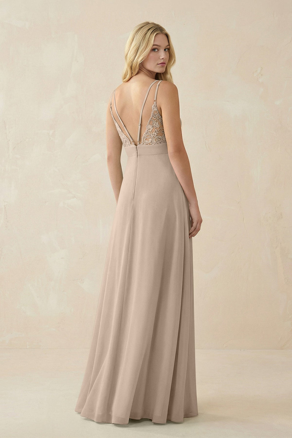 V - Neck Ruched Chiffon Bridesmaid Dress with Slit in Almond - KissProm Bridesmaid Dresses
