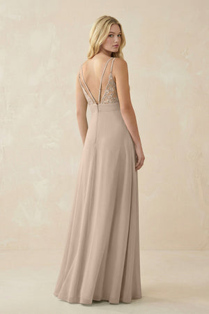 V - Neck Ruched Chiffon Bridesmaid Dress with Slit in Almond - KissProm Bridesmaid Dresses