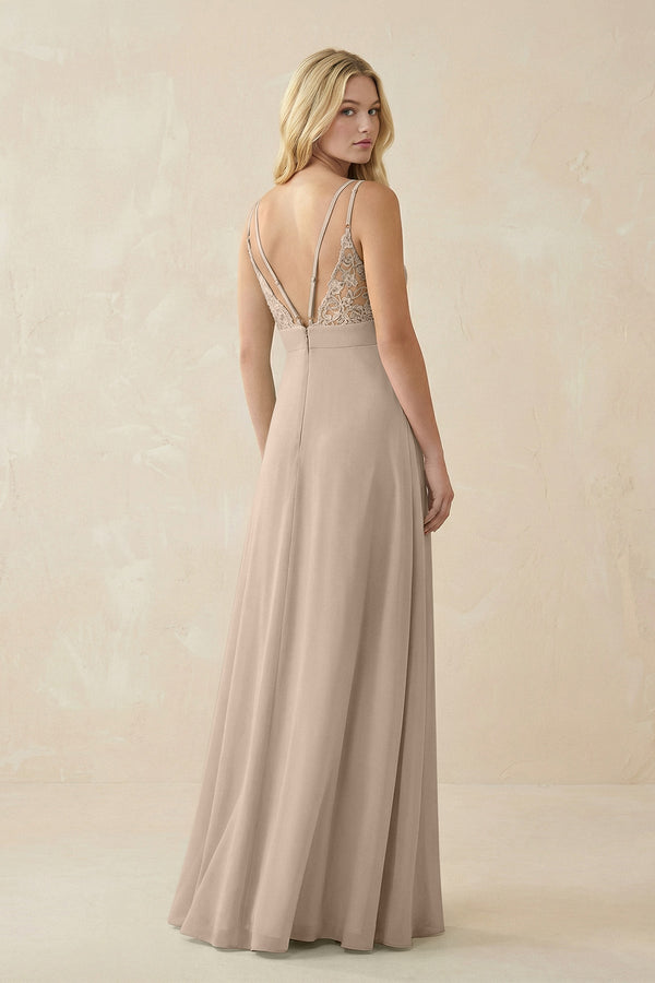 V - Neck Ruched Chiffon Bridesmaid Dress with Slit in Almond - KissProm Bridesmaid Dresses