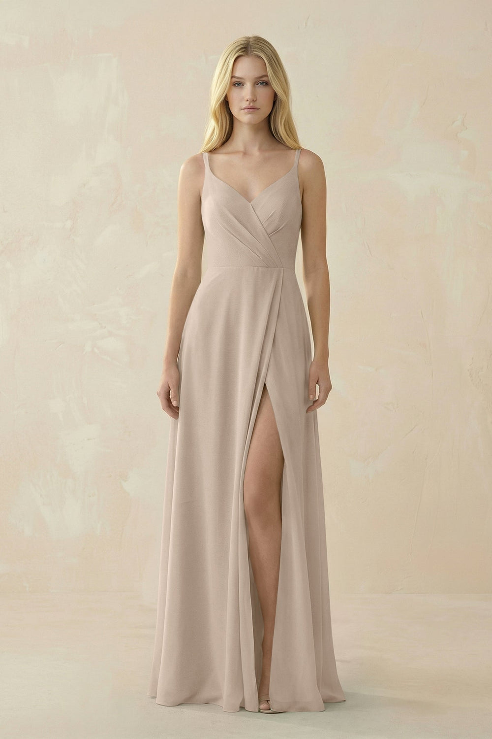V - Neck Ruched Chiffon Bridesmaid Dress with Slit in Almond - KissProm Bridesmaid Dresses